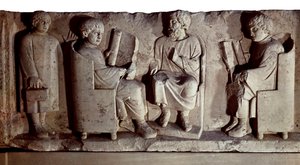 Römische Zivilisation. Relief, das eine Schulszene darstellt. Trier, früher bekannt als Treves, ist eine Stadt in Deutschland an der Mosel, die im letzten 1. Jahrhundert v. Chr. von den Römern erobert und in Trevorum umbenannt wurde von Roman