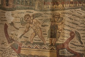 Halbkreisförmiger Portikus, Bodenmosaik, Villa Romana del Casale, Piazza Armerina, Sizilien, Italien (Foto)