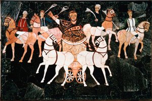 Der römische Konsul Iulius Annius Bassus auf einem Detail einer Quadriga der Sectile-Opus-Platte aus dem 4. Jahrhundert. Basilika des Junius Bassus (Basilica Iunii Bassi), Esquilin in Rom. Aufbewahrt im Konservatorenmuseum, Rom
