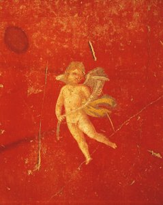 Cherub auf rotem pompejanischen Hintergrund, Fresko im vierten pompejanischen Stil, aus dem Haus des Pinario Ceriale, Pompeji, Kampanien, römische Zivilisation