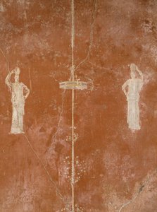Dekoration auf rotem Hintergrund im dritten pompejanischen Stil, Haus des Sacerdus Amandus, Pompeji, Kampanien, römische Zivilisation von Roman Roman