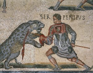 (Detail) eines Mosaiks eines Gladiatorenkampfes, ursprünglich aus Torre Nuova
