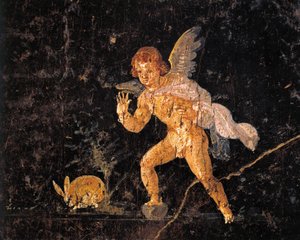 Fresko, das Amor zeigt, der einen Hasen jagt, aus Pompeji, Italien