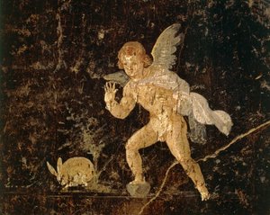 Fresko, das Amor zeigt, wie er einen Hasen jagt, aus Pompeji, Provinz Neapel, Italien, römische Zivilisation