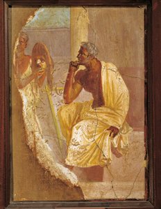 Fresko, das Schauspieler und tragische Maske darstellt, aus Pompeji, Italien