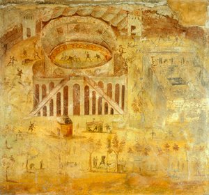 Fresko, das einen Streit zwischen Pompejanern und Nocerini im Amphitheater zeigt, aus Pompeji, Kampanien, römische Zivilisation