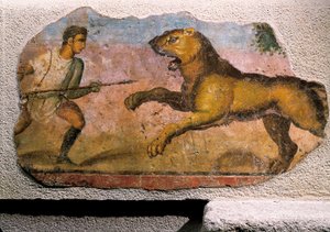 Gladiator kämpft gegen einen Löwen