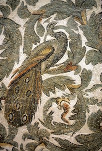 Pfau, Detail des Mosaiks - 4. Jahrhundert n. Chr., Bardo Museum, Tunis