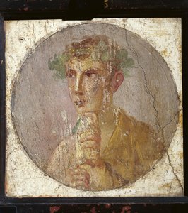 Porträt eines jungen Mannes, der eine Papyrusrolle hält, aus Italien, Kampanien, Pompeji, Malerei auf Putz, 55-79 n. Chr.