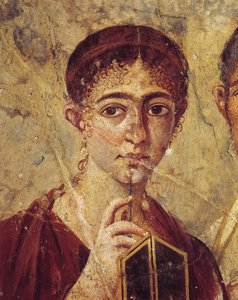 Porträt des Bäckers Terentius Neo und seiner Frau in formeller Kleidung, Detail der Frau mit ihrem Stylus und Diptychon, offen aus Italien, Kampanien, Pompeji, 55-79 n. Chr., Malerei auf Putz