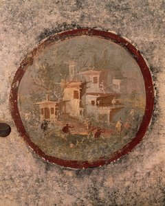 Rund mit Häusern und Gebäuden, Detail eines Freskos aus dem Haus des Jahrhunderts, Pompeji, Kampanien, Römische Zivilisation