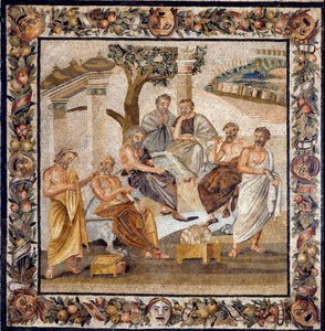 Die Akademie von Platon: der Philosoph, der in der Mitte sitzt, lehrt eine Gruppe von Schülern der Akademie von Athen (von ihm 378 v. Chr. gegründet) - Mosaik gefunden in Boscotrecase, jetzt ausgestellt im Nationalmuseum, Neapel. - Platons Akademie: der Ph