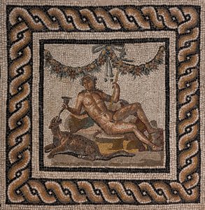 Das Haus des Dionysos, eine der römischen Domus von Ortaglia: Detail des Mosaikbodens, der Dionysos und den Panther darstellt (Detail) von Roman Roman