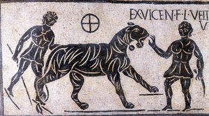 Tigerbändiger in den Mauern des Kolosseums - Römisches Mosaik von Roman Roman