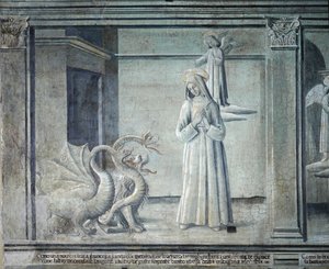Leben der heiligen Franziska von Rom, verfolgt von Dämonen in Form von Monstern, römische Schule