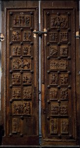 Romanische Kunst: Holztür aus der Mitte des 12. Jahrhunderts der Kirche St. Maria im Kapitol in Köln, Deutschland (Sankt Maria im Kapitol, Köln)