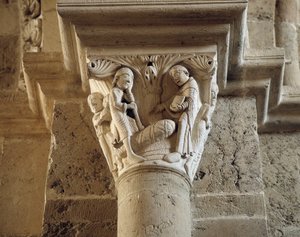 Der heilige Benedikt erweckt den Sohn eines Bauern wieder zum Leben, Kapital des Narthex (Skulptur) von Romanesque