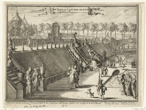 Ansicht (seitlich) eines Terrassenwasserfalls im Park des Palastes Het Loo von Romeyn de Hooghe
