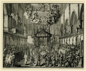 Chor der Westminster Abbey mit der Trauerfeier für die Königin, 1695