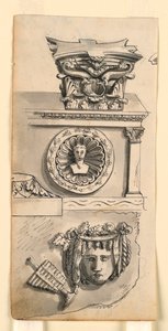 Entwürfe für ein Kapitell, einen Sarkophag und ein Relief von Romolo Achille Liverani