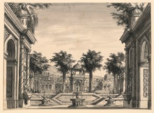 Bühnenbild, Indischer Palastgarten für das Ballett "Dschingis Khan" von Luigi Henry