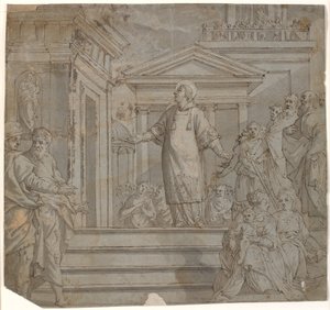 Der heilige Laurentius übergibt den Armen die Kirchenschätze von Romulo Cincinnato