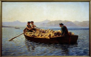 Wechsel der Weide. Hirten verladen die Schafherde, um sie ans andere Ufer zu bringen von Rosa Bonheur