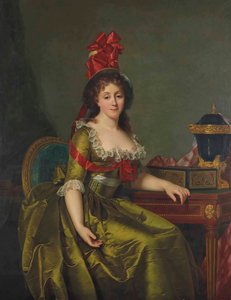 Porträt einer Dame in einem grünen Satinkleid und einer Haube mit roten Bändern