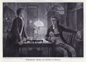 Deutsche Schriftsteller Friedrich Schiller und Johann Wolfgang von Goethe in Weimar (Gravur) von Rudolf Eichstaedt