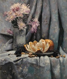 Chrysanthemen und eine offene Orange von Rufus Fairchild Zogbaum