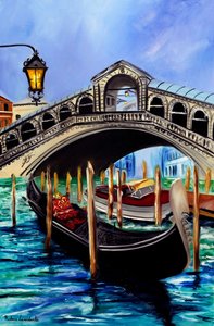 Gondeln an der Rialto-Brücke in Venedig, 2023 von Ruslana Levandovska
