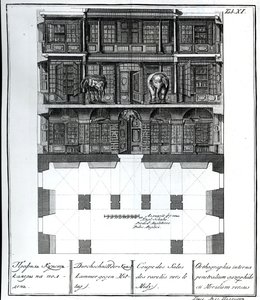 Querschnittsansicht der Halle der Raritäten nach Süden, Illustration in Chambers der St. Petersburger Kaiserlichen Akademie der Wissenschaften Bibliothek und Galerie mit Plänen, Fassaden und Profilen von Johann