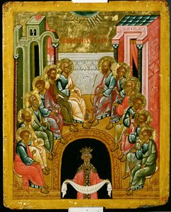 Der Abstieg des Heiligen Geistes, russische Ikone aus der Kathedrale von St. Sophia, Nowgoroder Schule, 15. Jahrhundert