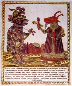 Traditioneller Farbholzschnitt, Illustration einer Geschichte über einen Bären und eine Ziege. Russisch ca. 1830 (Gravur)