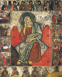 Der Prophet Elija in der Wüste mit Szenen aus seinem Leben und Deesis, 13. - erstes Drittel des 14. Jahrhunderts von Russian icon.