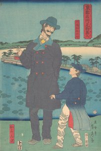 Niederländer und Kind betrachten den Benten-Schrein am Shinobazu-Teich, 7. Monat, 1861