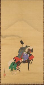 Narihira reitet unterhalb des Fuji von Sakai Hoitsu