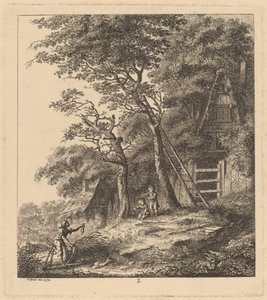 Ein Fischer und zwei Kinder in einer Landschaft mit Strohhütten