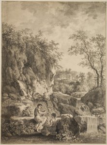 Felsenlandschaft mit einem Bach. Im Vordergrund ein junger Mann mit einer Rohrflöte und eine junge Frau von Salomon Gessner