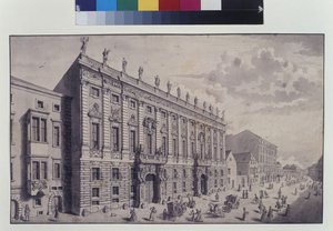 Ganzseitig: Schrägansicht des Stadtpalais von Prinz Eugen von Savoyen in der Himmelpfortgasse von Salomon Kleiner
