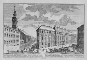 Ansicht der Dorotheergasse mit der Stallburg und der Klosterkirche des Dorotheums, graviert von Hieronymus Sperling (1695-1777)