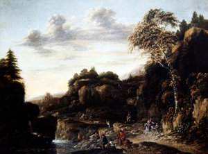 Waldlandschaft mit Hirschjagd an einem Fluss, ca. 1690 von Salomon Rombouts