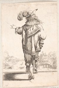 Gehender, rückwärts gewandter Mann mit Federhut, gestikulierend mit seiner linken Hand. Im Hintergrund rechts eine Stadt an einem Fluss von Salomon Savery