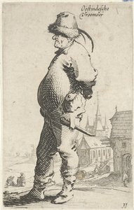 Mann im Profil, im Hintergrund eine Kirche und ein Gebäude mit Galerie