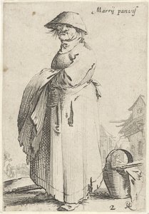 Frau mit Tuch über dem Arm, hinter ihr steht ein Korb auf dem Boden von Salomon Savery