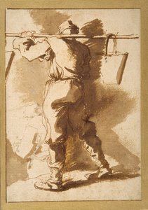Rückansicht eines Wasserträgers, eine weitere Figur dahinter