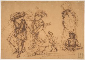 Fünf Figuren in fantastischen Kostümen mit zwei Hunden von Salvator Rosa