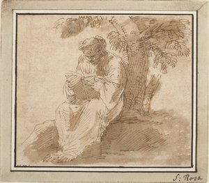 Sitzende jugendliche Figur, die unter einem Baum liest von Salvator Rosa
