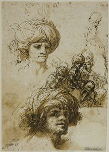 Skizzen von Männern mit Turban (recto); Fragment einer Figur und Skizzen von blattförmigem architektonischem Ornament (verso)