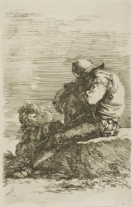 Zwei Krieger, einer sitzt schlafend auf einem Felsen im Vordergrund, aus der Figurinenserie